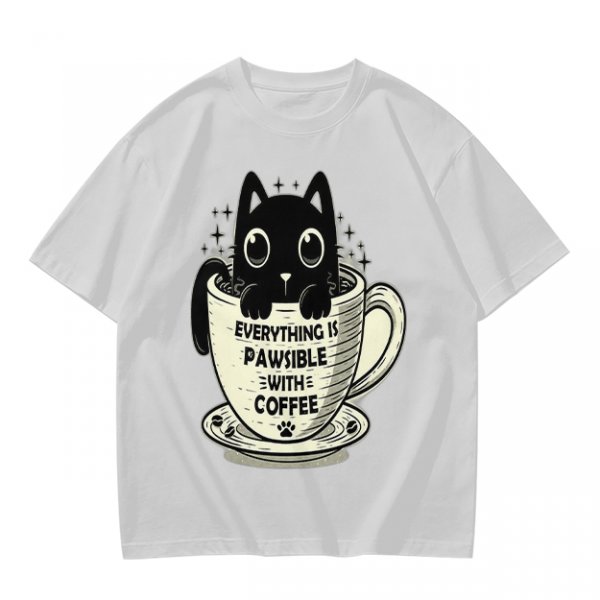 Olive T-Shirt With Black Cat In Coffee Cup 'Everything Is Pawsible With Coffee' Print