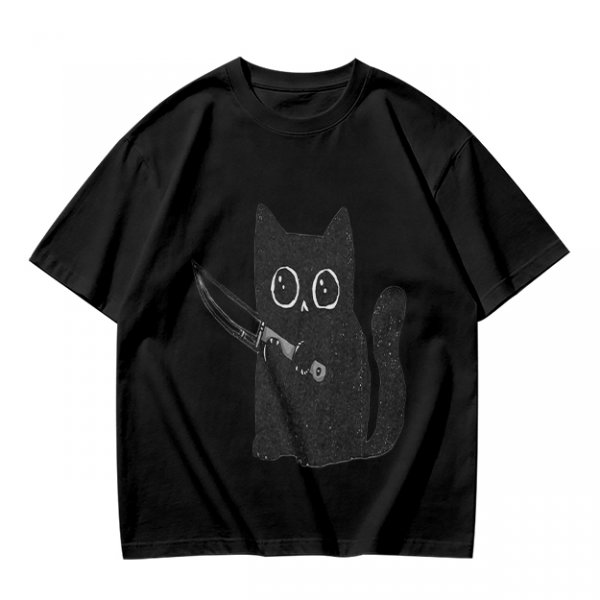 Olive T-Shirt With Cute Black Cat Holding Knife Graphic