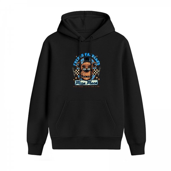 Black hoodie with Freddy Fazbear's Pizza Place graphic