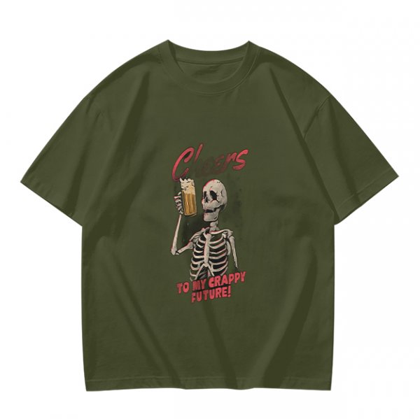Olive skeleton graphic t-shirt with 'Cheers to my crappy future' print