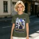 Olive green t-shirt with raccoon chef graphic and text
