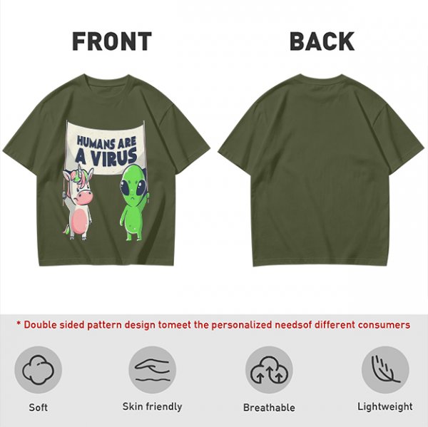 Olive T-shirt with Unicorn and Alien Holding 'Humans Are A Virus' Sign