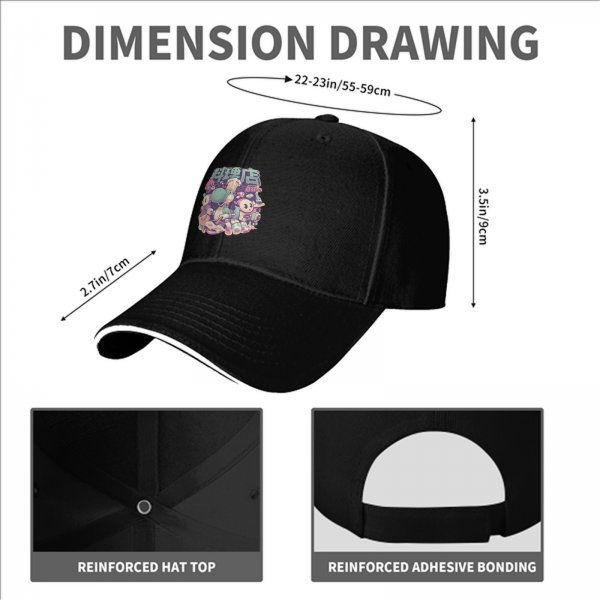 Black baseball cap with cute dinosaur chef and anime character graphic