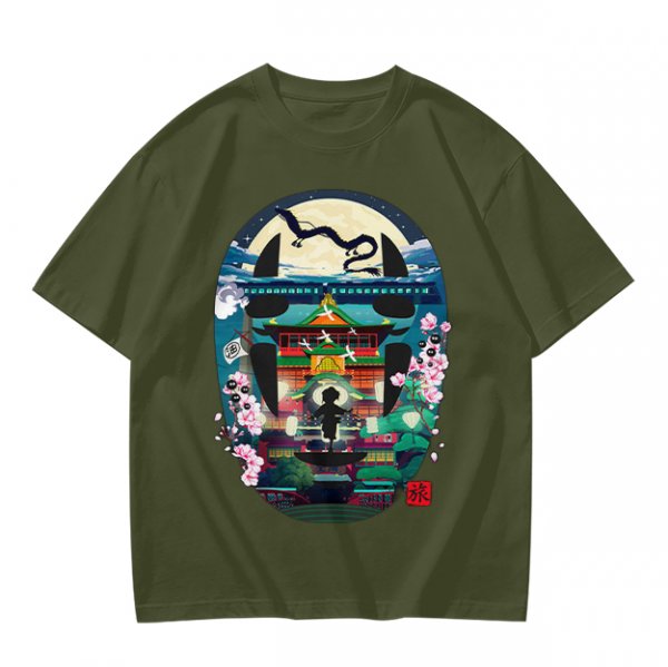 Spirited Away Bathhouse Graphic Tee with No Face and Dragon Art