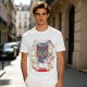 Olive green graphic t-shirt with a cartoon metal cat playing guitar