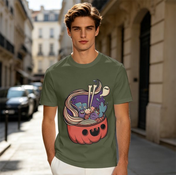 Halloween pumpkin ramen bowl with cute monster graphic t-shirt