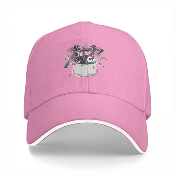 Black baseball cap with Trash Club graphic featuring cartoon mouse in trash can
