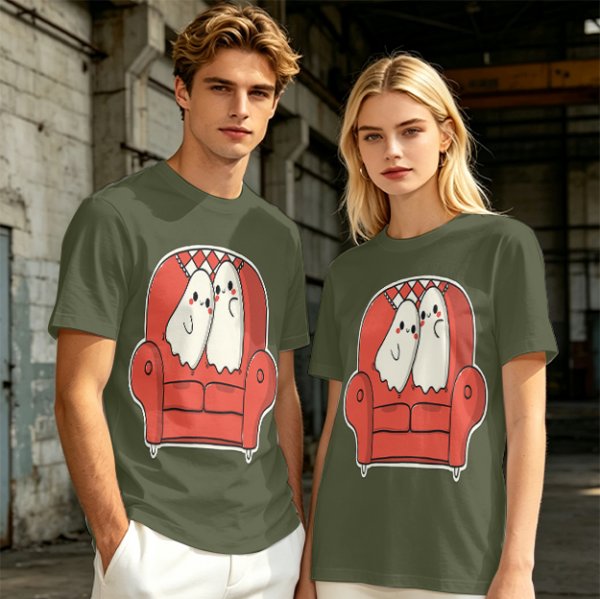 Olive T-Shirt with Cute Ghosts on Red Armchair Graphic