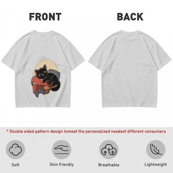 Olive T-Shirt with Relaxed Black Cat Gaming Snack Print