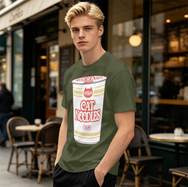 Olive T-shirt with Cat Noodles Cup Print
