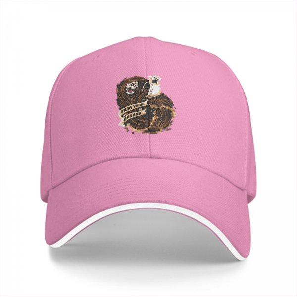 Black baseball cap with 'Enjoy Your Monday' grim reaper coffee graphic
