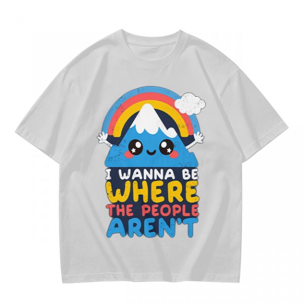 Olive graphic tee with cute mountain rainbow and 'I Wanna Be Where The People Aren't' text