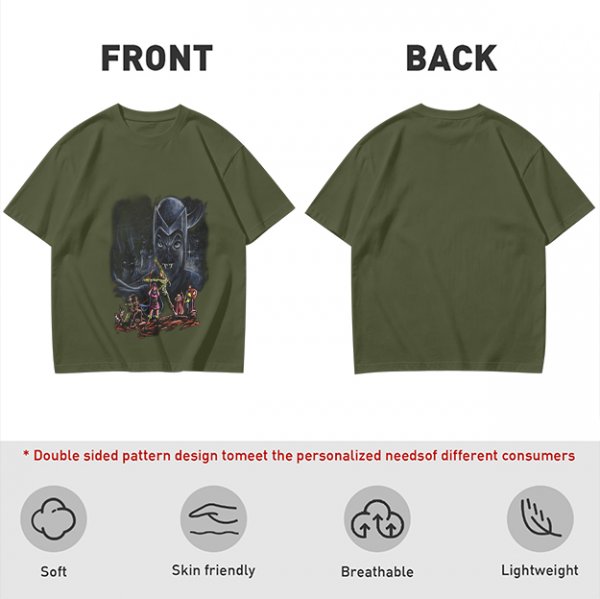 Olive T-Shirt With Dark Fantasy Villain And Hero Group Print