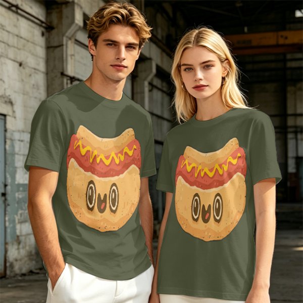 Olive T-Shirt With Cute Cartoon Hot Dog Graphic Print