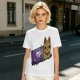 Olive T-shirt with a cartoon cat emerging from a purple chocolate wrapper print