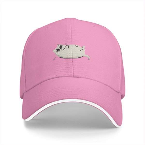 Black baseball cap with a stressed chubby white cat graphic