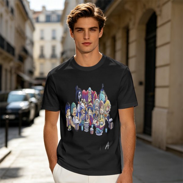 Olive T-Shirt with Anime Character Group Coffee Print