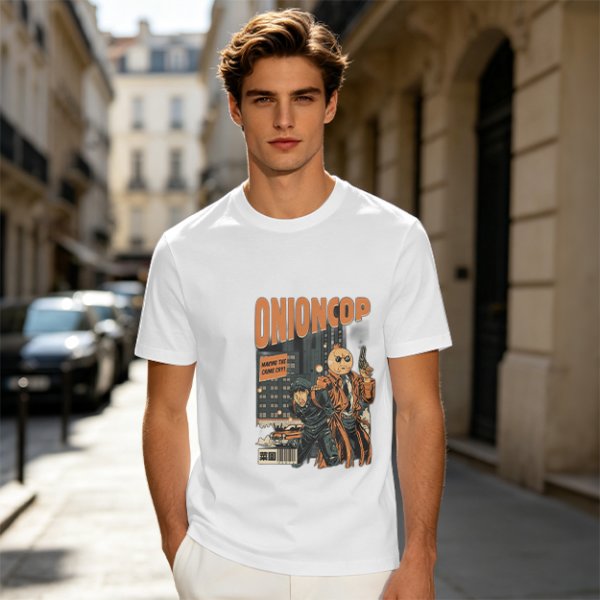 Onion Cop Graphic Tee with Retro Comic Style Artwork