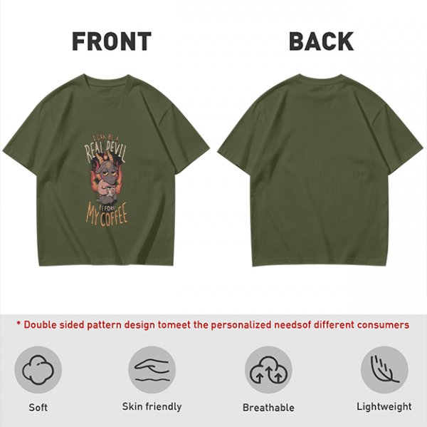 Olive graphic t-shirt with 'I can be a real devil before my coffee' print