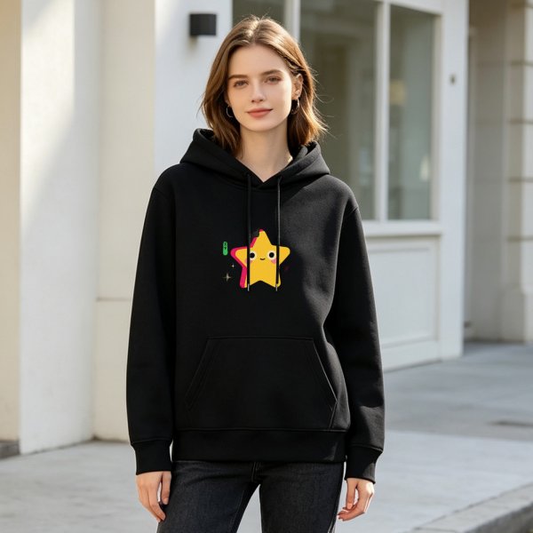 Black hoodie with cute smiling yellow star graphic print