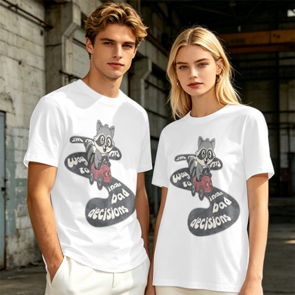 Olive graphic tee with raccoon driving car and 'Way to make bad decisions' text