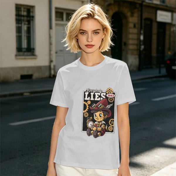 Olive t-shirt with steampunk Pinocchio 'Everybody Lies' graphic print