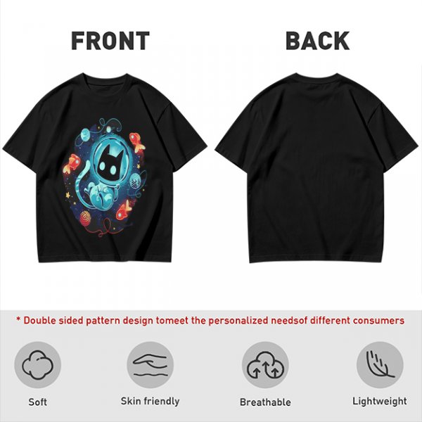 Olive t-shirt with space astronaut cat and goldfish graphic