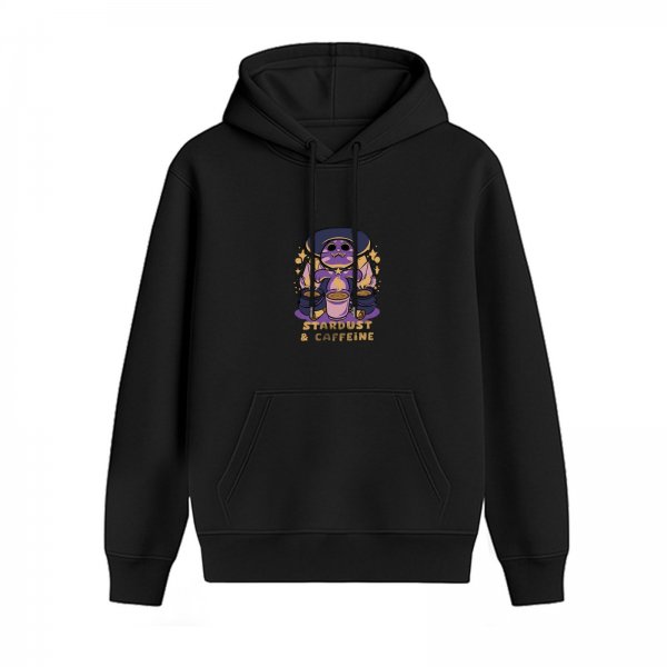 Black Hoodie with Stardust & Caffeine Witch Cat Graphic
