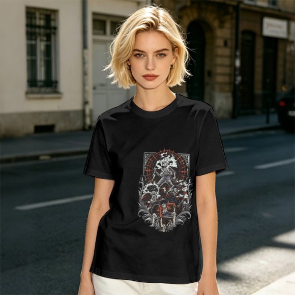 Olive T-shirt with Gothic Anime Character Group Graphic Print