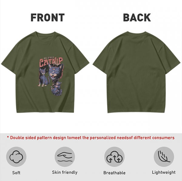 Olive T-Shirt With My First Catnip Trip Psychedelic Cat Print