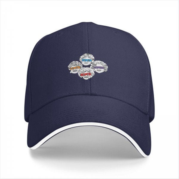 Black baseball cap with four stylized older women wearing colored visors