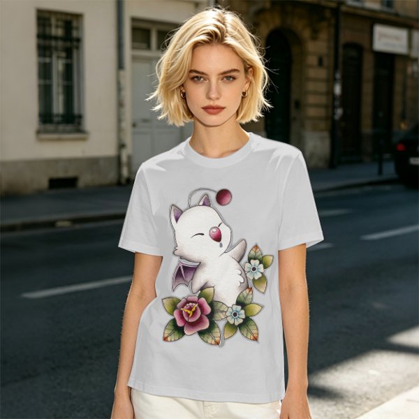 Olive T-Shirt Featuring Cute Fantasy Creature and Floral Art