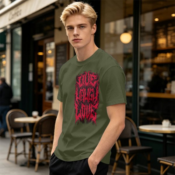 Olive green graphic t-shirt with dark metal style Live Laugh Love print
