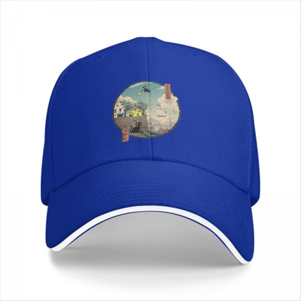 Black baseball cap with witch and black cat fantasy town print