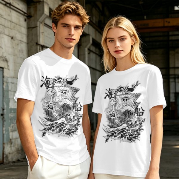 Olive T-shirt with One Piece Going Merry Ship Ink Art Print