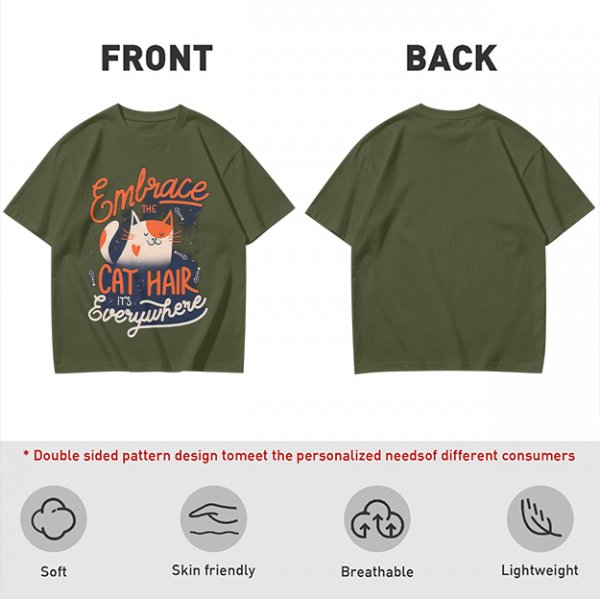 Olive T-Shirt with 'Embrace the Cat Hair It's Everywhere' Cat Graphic