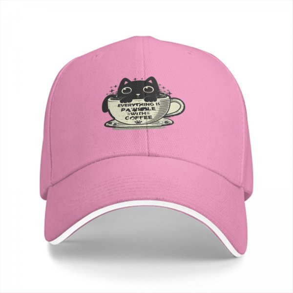 Black Baseball Cap With Cat In Coffee Cup 'Everything Is Pawsible With Coffee' Print