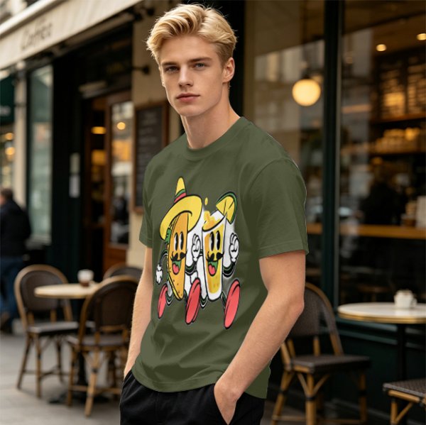 Olive T-Shirt with Cartoon Taco and Beer Graphic