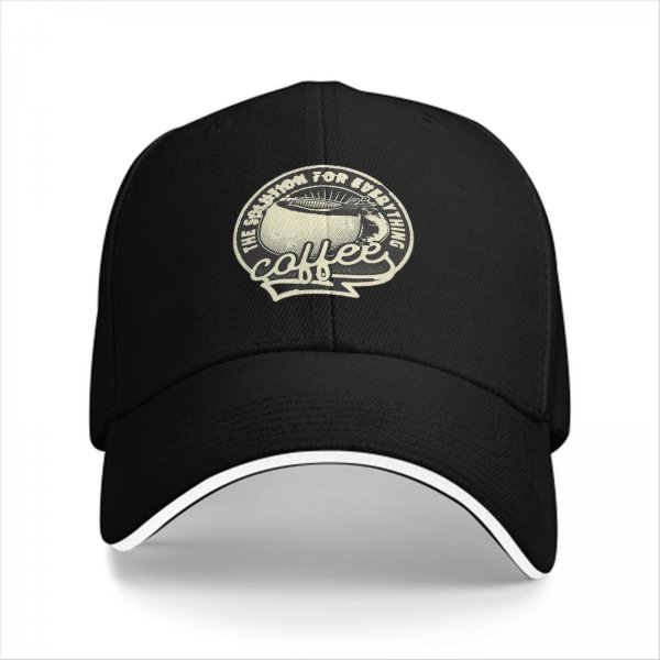 Black Baseball Cap With Coffee Themed 'Solution For Everything' Print