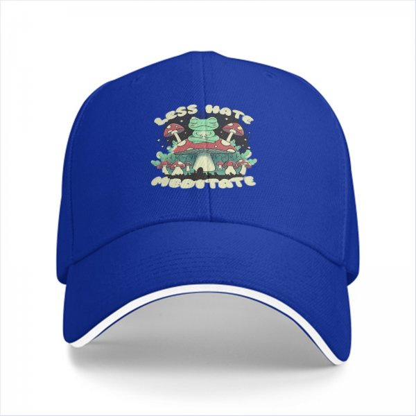 Black baseball cap with meditating frog and 'Less Hate Meditate' mushroom design