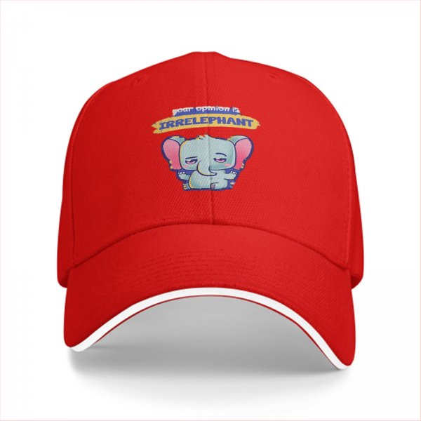 Black baseball cap with 'your opinion is irrelephant' cute elephant graphic
