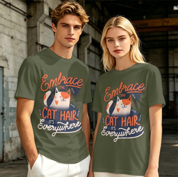 Olive T-Shirt with 'Embrace the Cat Hair It's Everywhere' Cat Graphic
