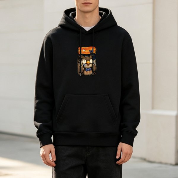 Black hoodie with a surprised cartoon owl graphic print