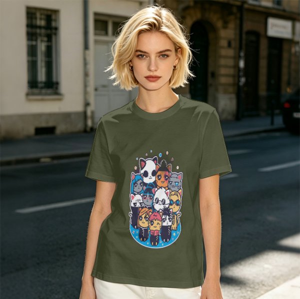 Olive T-Shirt With Cute Chibi Cat Character Group Print