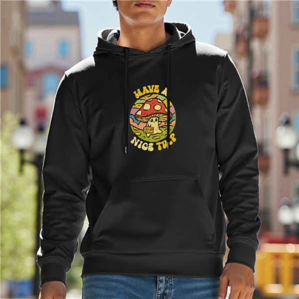 Black hoodie with retro mushroom have a nice trip graphic
