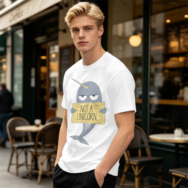 Olive T-Shirt With Grumpy Narwhal Holding Not A Unicorn Sign