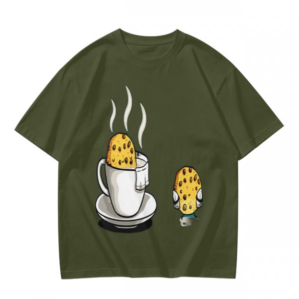 Olive T-Shirt With Funny Cookie In Coffee Cup Print
