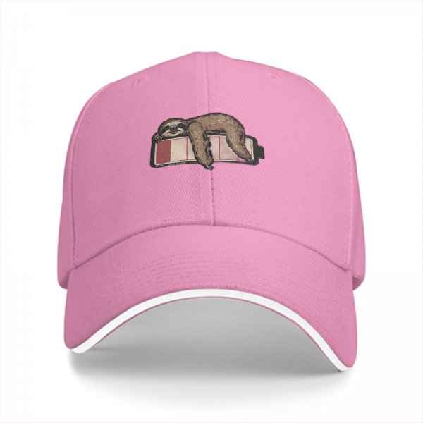 Black baseball cap with a sleepy sloth on low battery icon print