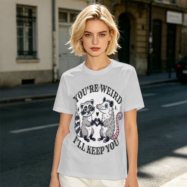 Olive T-Shirt With Raccoon and Opossum Weird Love Graphic