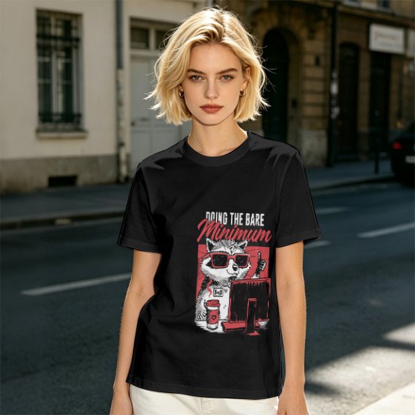 Olive graphic t-shirt with raccoon doing the bare minimum at computer